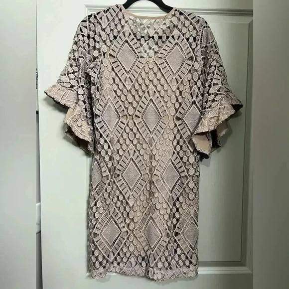 Judith March Brown Crochet Bell Sleeve Sheath Dress - Size Small - Picture 3 of 5